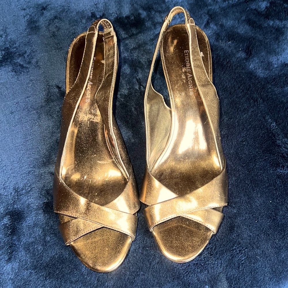 Gold Bronze Ettiene Aigner gold open toe sling back pumps sz 8.5